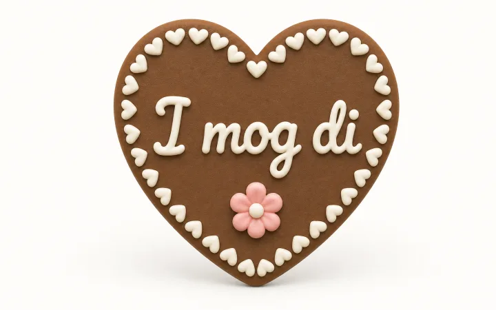 Vorschau eines personalisierten Lebkuchenherzens mit Schrift, Herzen und Blume im Generator